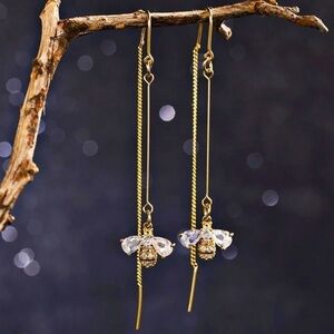 18K Gold Plated Long Threader Chain Drop Bumblebee Bee Earrings W/ Diamond Inlay
